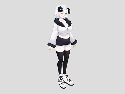 Woman Wearing White Hooded Jacket Panda Ear Headpiece White Hair Black Shorts And White Sneakers 3d model
