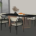 Modern Dining Table and Chairs Set with Black Top Beige Upholstered Seats Dried Flowers Oranges