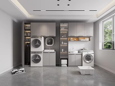 Modern Bathroom Cabinet Rack In Laundry Space With Washing Machines Sink Storage Shelves And Window 3d model