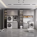 Modern Bathroom Cabinet Rack In Laundry Space With Washing Machines Sink Storage Shelves And Window