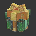 Pixelated Green And Yellow Gift Box With Block Texture And Decorative Bow 3d model