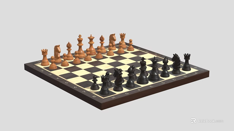 Classic Chess Set With Black And White Wooden Pieces On Checkerboard Board 3d model 