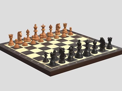 Classic Chess Set With Black And White Wooden Pieces On Checkerboard Board 3d model