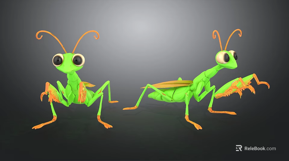 Two Green 3D Cartoon Mantis Characters With Orange Antennae And Legs 3d model 