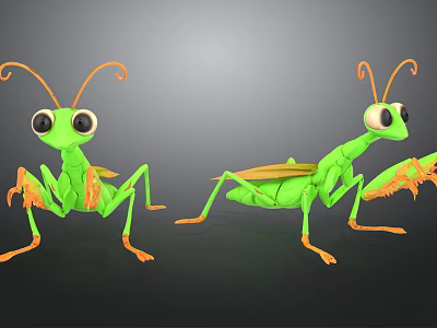 Two Green 3D Cartoon Mantis Characters With Orange Antennae And Legs 3d model