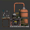 Vintage Industrial Miniature Setup Featuring Orange Container Metal Apparatus Pipes And Wooden Shelf