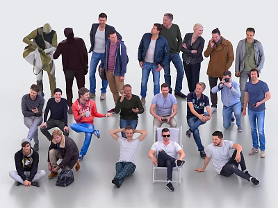 Diverse Group of People in Various Poses Standing and Sitting Together With Casual Clothing 3d model