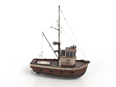 Small Fishing Boat With Mast Crane Cabin And Brown Hull Design 3d model