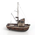 Small Fishing Boat With Mast Crane Cabin And Brown Hull Design