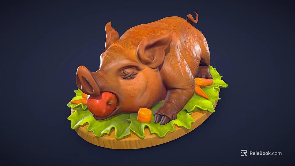 Roasted Pig Figurine Lying on Wooden Platter with Fresh Carrots and Lettuce 3d model 