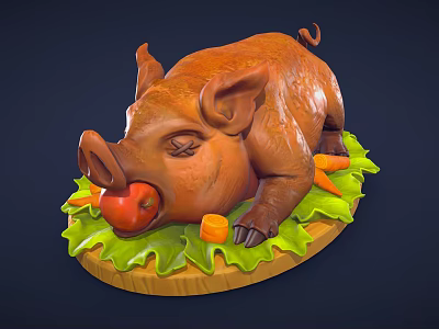 Roasted Pig Figurine Lying on Wooden Platter with Fresh Carrots and Lettuce 3d model
