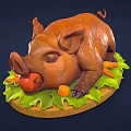 Roasted Pig Figurine Lying on Wooden Platter with Fresh Carrots and Lettuce