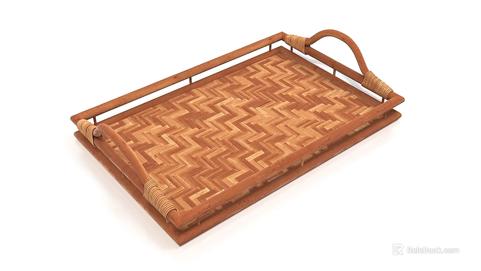 Wooden Serving Tray with Woven Pattern Braided Handles and Solid Wood Frame 3d model 