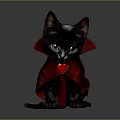 Adorable Black Cat In Red Cape With Heart Shaped Accessory Standing On Gray Background