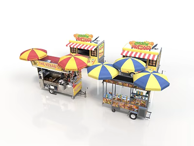 Colorful Mobile Food Carts With Striped Umbrellas Hot Dog Pizza Stalls Design 3d model