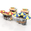 Colorful Mobile Food Carts With Striped Umbrellas Hot Dog Pizza Stalls Design