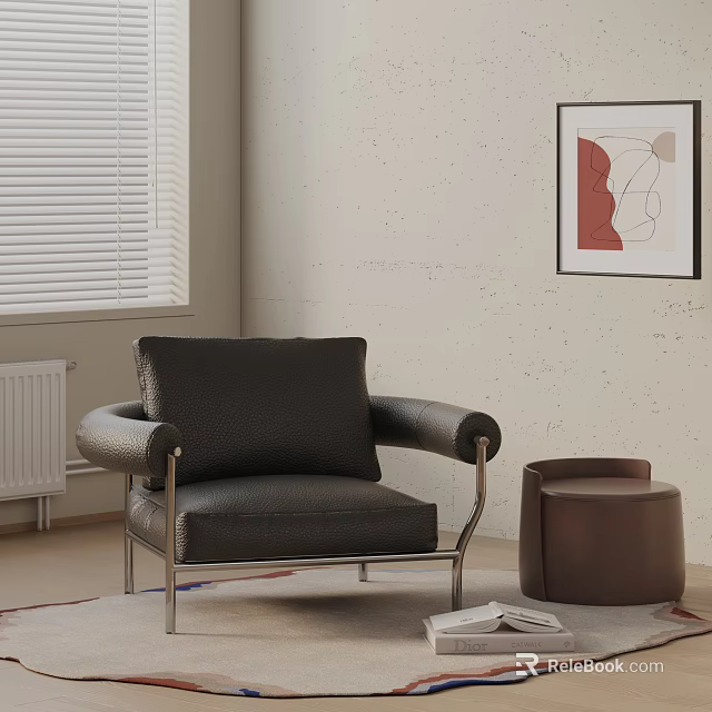Modern Black Leather Accent Chair With Metal Legs And Side Stool By Window Wall Art 3d model 