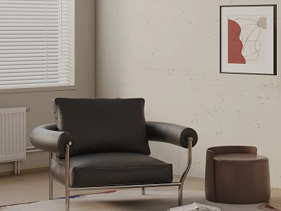 Modern Black Leather Accent Chair With Metal Legs And Side Stool By Window Wall Art 3d model