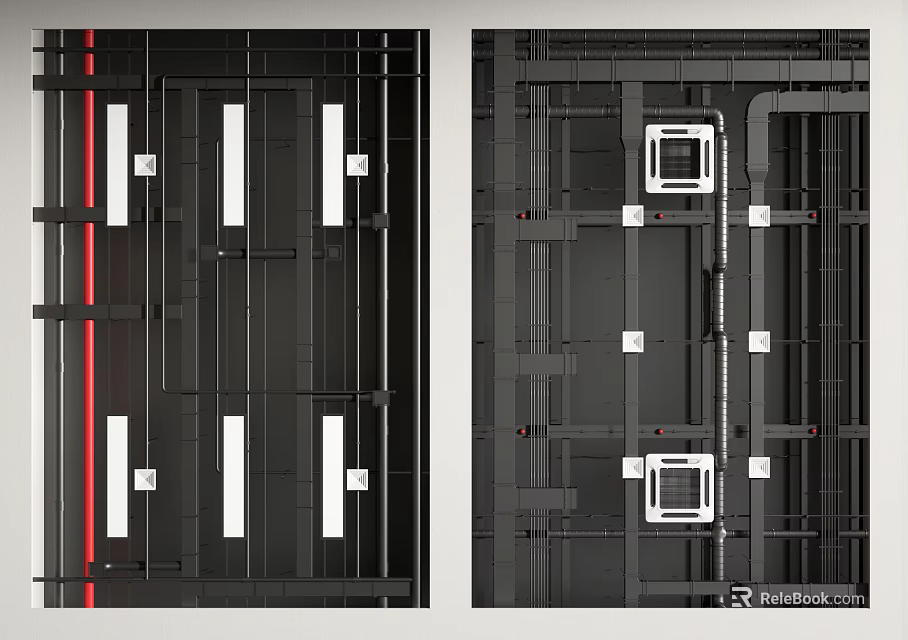 Industrial Style Ceiling With Pipes Red Lines And White Lights 3d model