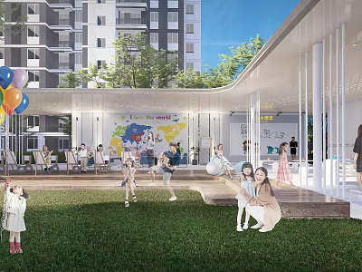 Garden Landscape With Green Lawn Colorful Balloons Children Playing Leisure Steps And Modern Building 3d model