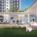 Garden Landscape With Green Lawn Colorful Balloons Children Playing Leisure Steps And Modern Building
