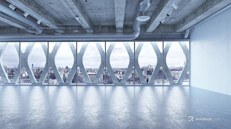 Industrial Style Spacious Interior With Large Floor To Ceiling Windows Geometric Frames And City View 3d model 