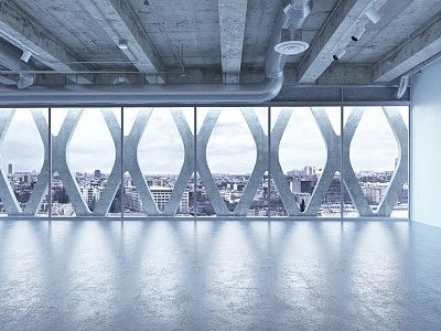 Industrial Style Spacious Interior With Large Floor To Ceiling Windows Geometric Frames And City View 3d model