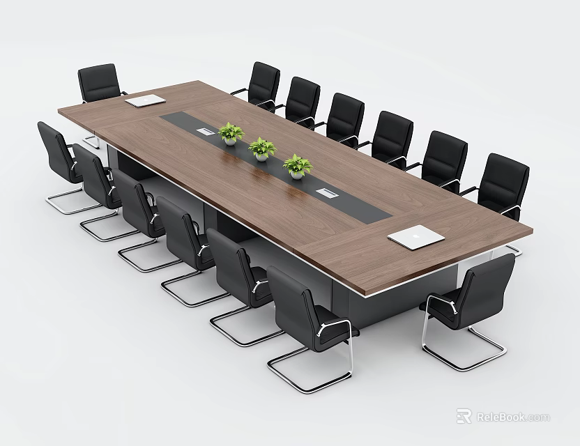 Modern Wooden Conference Table Surrounded by Black Chairs With Green Plants On Top 3d model 