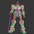 White And Light Blue Gundam Model With Mechanical Design Holding Staff In Standing Pose