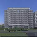 Modern Multi Story Residential Building with Evening Lighting and Landscaped Garden Area