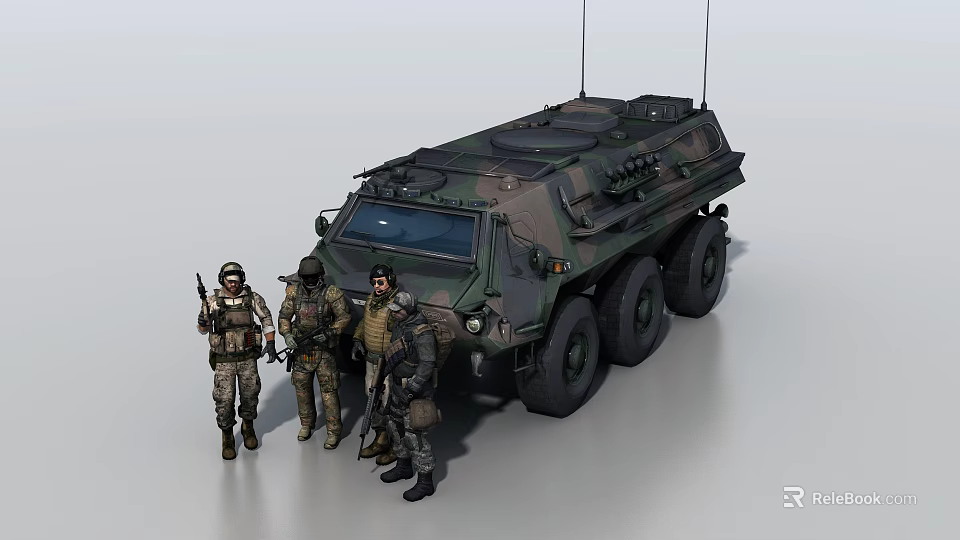 Military Tank With Soldiers In Military Uniform And Tactical Gear Standing Outdoors 3d model 