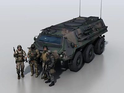 Military Tank With Soldiers In Military Uniform And Tactical Gear Standing Outdoors 3d model