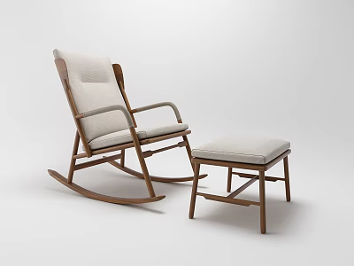 Wooden Rocking Chair with Light Colored Cushion and Matching Ottoman 3d model