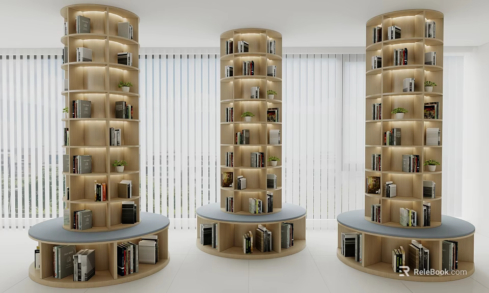 Modern Cylindrical Bookshelf with Multiple Layers Books Green Plants and White Blinds 3d model 
