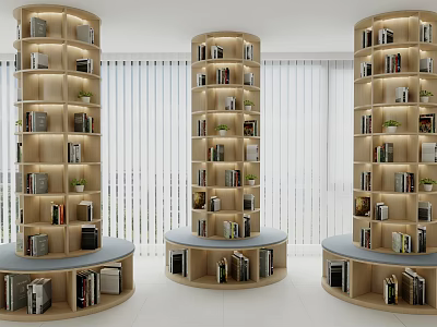Modern Cylindrical Bookshelf with Multiple Layers Books Green Plants and White Blinds 3d model