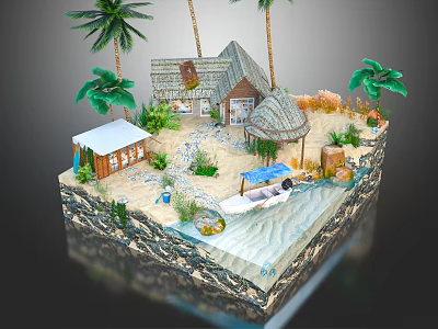 Tropical 3D Island Model With Thatched Huts Palm Trees Boat Sand And Water 3d model