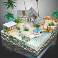 Tropical 3D Island Model With Thatched Huts Palm Trees Boat Sand And Water