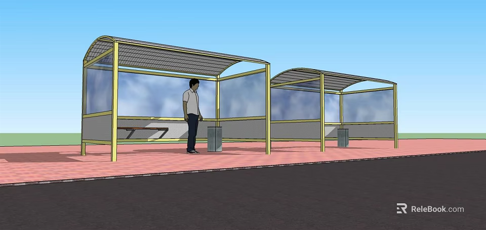Covered Bus Station With Transparent Glass Walls Red Platform And Trash Bins 3d model 