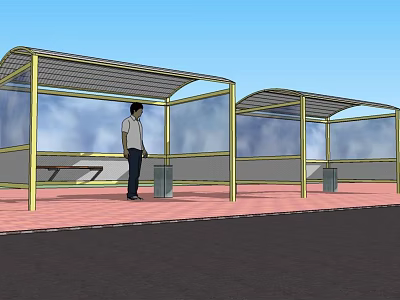 Covered Bus Station With Transparent Glass Walls Red Platform And Trash Bins 3d model