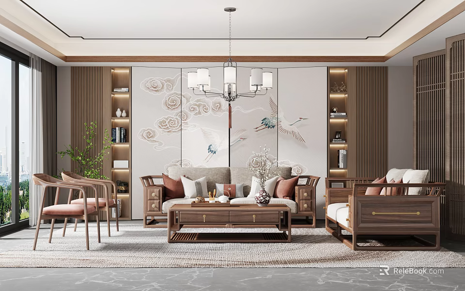 Traditional Chinese Living Room Interior With Wooden Sofa Coffee Table And Crane Pattern Wall 3d model 