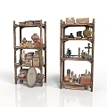 Two Wooden Shelves Showcasing Pottery Boxes And Small Decorative Items 3d model