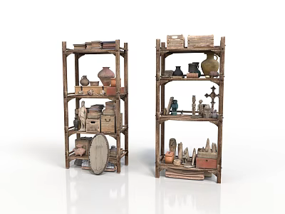 Retro Style Medieval Bookshelf Bookshelf Wooden Rack Pottery Pot Stone Carving Metal Tools Leather Book Shield Bottle 3d model