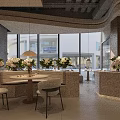 Elegant Modern Restaurant Interior With Large Windows Floral Arrangements Tables And Chairs