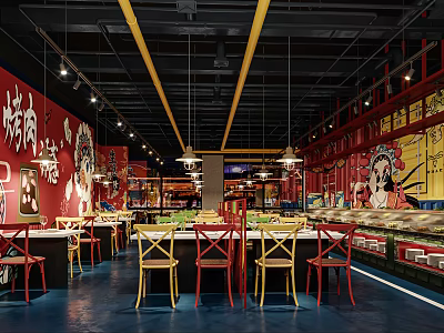 Vibrant Restaurant Interior With Red Walls Murals Yellow Pendant Lights And Colorful Chairs 3d model