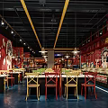 Vibrant Restaurant Interior With Red Walls Murals Yellow Pendant Lights And Colorful Chairs