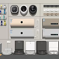 Smart Machines Home Display With Wall Mounted Round Rectangular Devices And Robot Vacuums 3d model