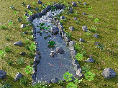 Serene Water Fountain With Stone Border Lily Pads Small Fish And Green Plants 3d model