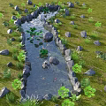 Serene Water Fountain With Stone Border Lily Pads Small Fish And Green Plants