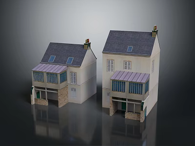 Two Story Traditional House Models With Gray Roofs White Walls Awning Windows And Chimneys 3d model