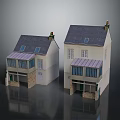 Two Story Traditional House Models With Gray Roofs White Walls Awning Windows And Chimneys